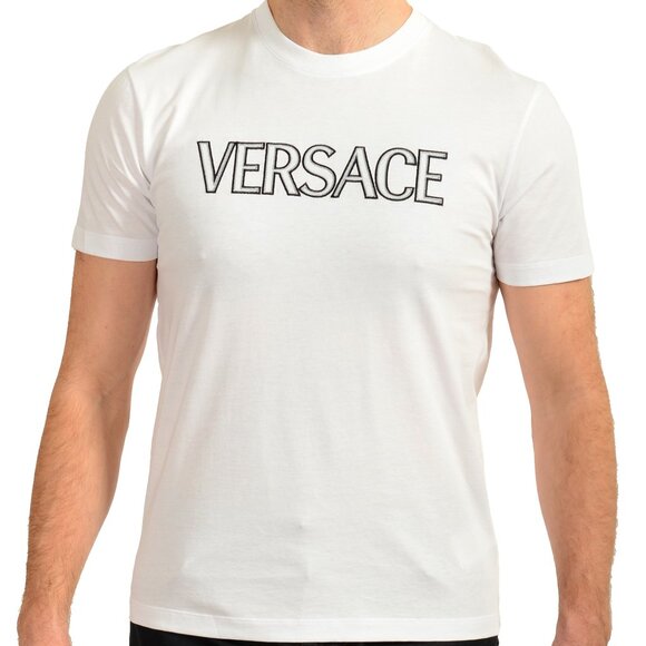 Versace Men's White Short Sleeve Black Logo Embroidery T-Shirt US S IT 48